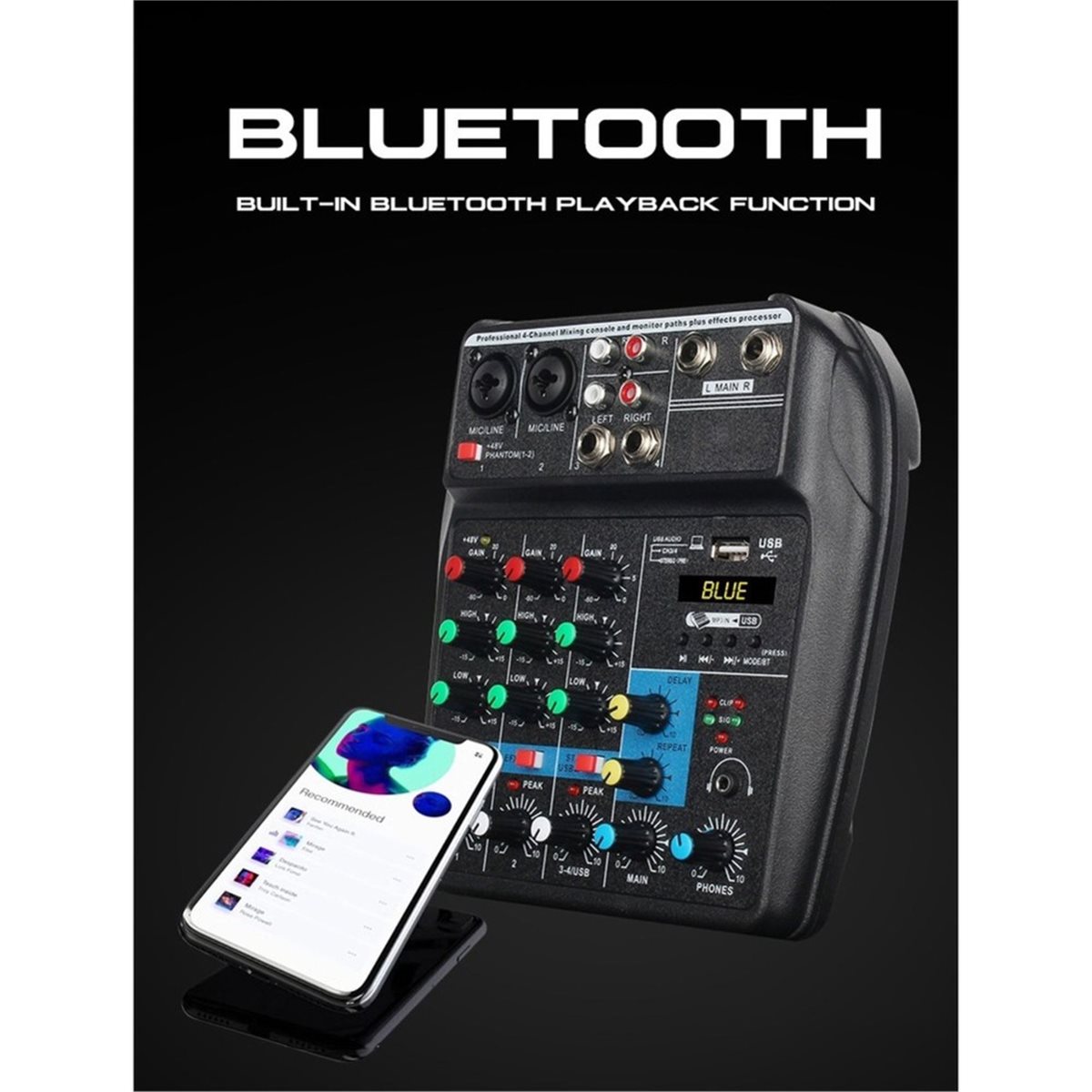 Studio Audio Interface With 48V Phantom - 4-kanałowy mikser USB z efektem reverb,